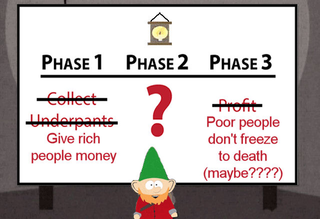 South Park meme: step 1, steal underpants; step 2: ???; step 3: profit